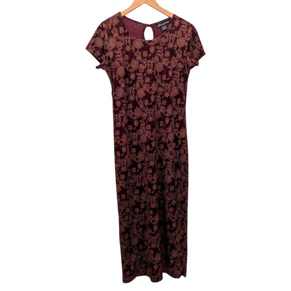 Vtg 90s Crushed Velvet Maxi Dress Sz M Floral Grunge No Boundaries Burgundy Y2K - Picture 1 of 5